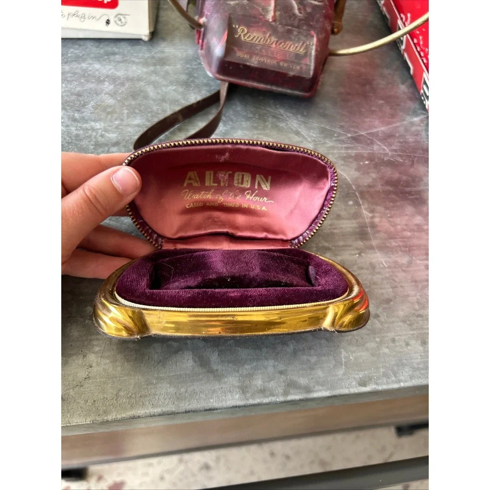 Vtg 1950s Alton Watch Box Case Zipper Velvet Purple Burgundy Noble USA Art Deco